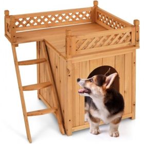 New Style Wood Pet House With Roof Balcony and Bed Shelter (Color: Brown, Type: Pets)